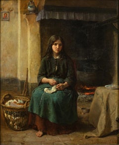 Antique Jeune paysanne tricotant auprès de l’âtre