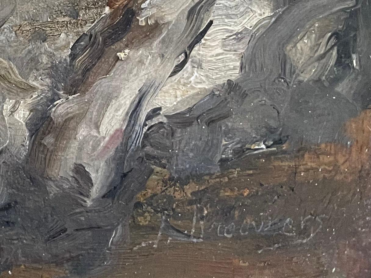 Jules Brouwers (1869-1955) La pesca del día. Óleo sobre tabla bodegón con captura fresca de raya y pez y jarra de mayólica en ricos marrones y dorados y crema en un marco Barbizon estilo Luis XV vintage. Firmado 