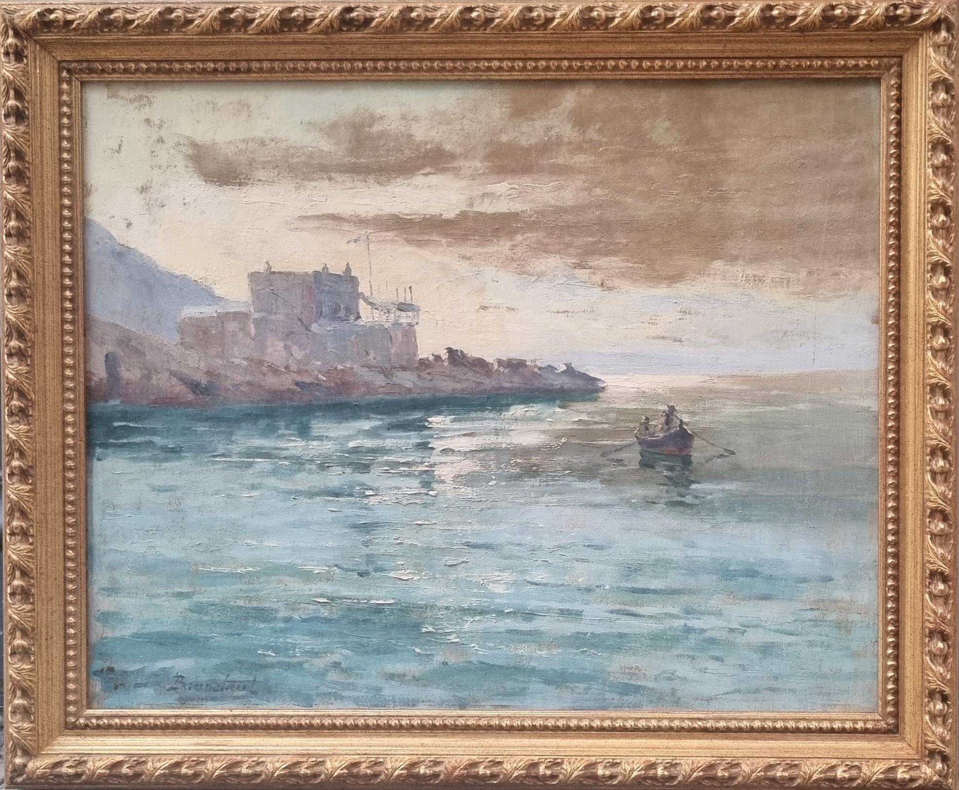 Pintura Marsella Corniche BRUNETAUT Mar Sur de Francia Impresionista XX - Painting de Jules BRUNETAUT