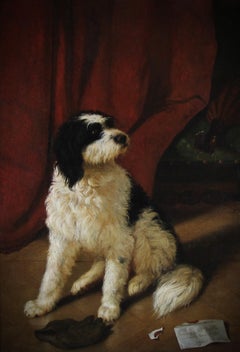 Portrait d'un chien assis, peinture à l'huile française, 19e siècle, datée de 1860