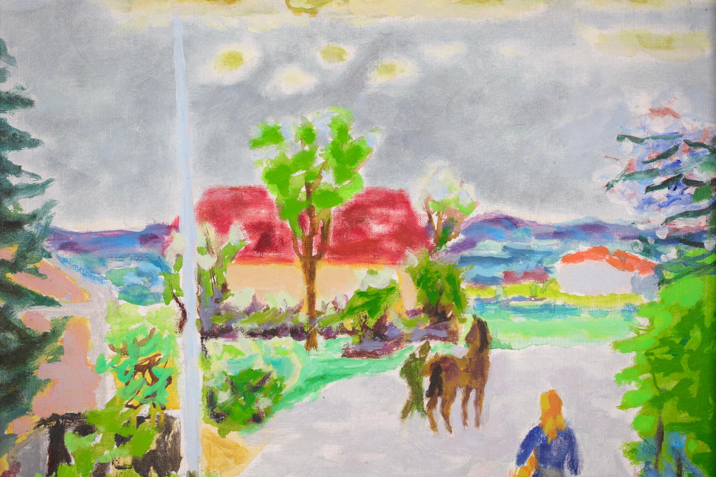 Huile sur toile signée vers 1950 par le peintre français Jules Cavailles qui faisait partie d'un groupe d'artistes appelé « La Realite Poetique ». Cette pièce charmante représente une femme portant un panier et un homme avec un cheval se promenant