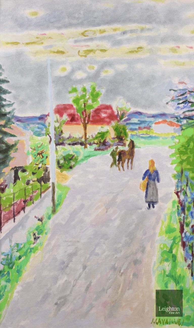 Signed oil on canvas circa 1950 by French painter Jules Cavailles who was part of a group of artists called "La Realite Poetique". This charming piece depicts a woman carrying a basket and a man with a horse walking on a road beside cottages on a