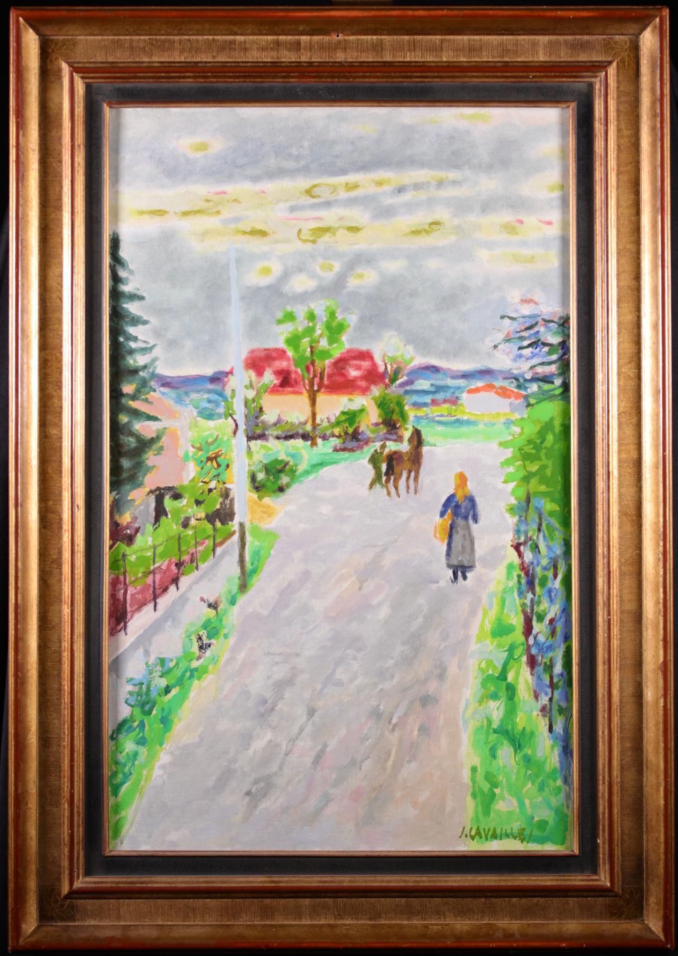 Öl auf Leinwand signiert, um 1950, vom französischen Maler Jules Cavailles, der Teil einer Gruppe von Künstlern namens „La Realite Poetique“ war. Dieses charmante Stück zeigt eine Frau, die einen Korb trägt, und einen Mann, der an einem Frühlingstag