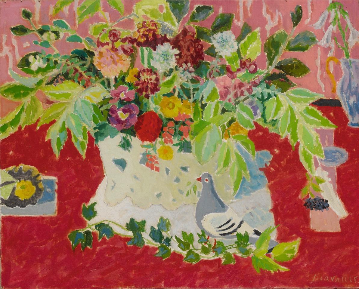 Jules Cavailles Still-Life Painting – „La Colombe“, französisches Ölgemälde, gerahmtes Stillleben, um 1956