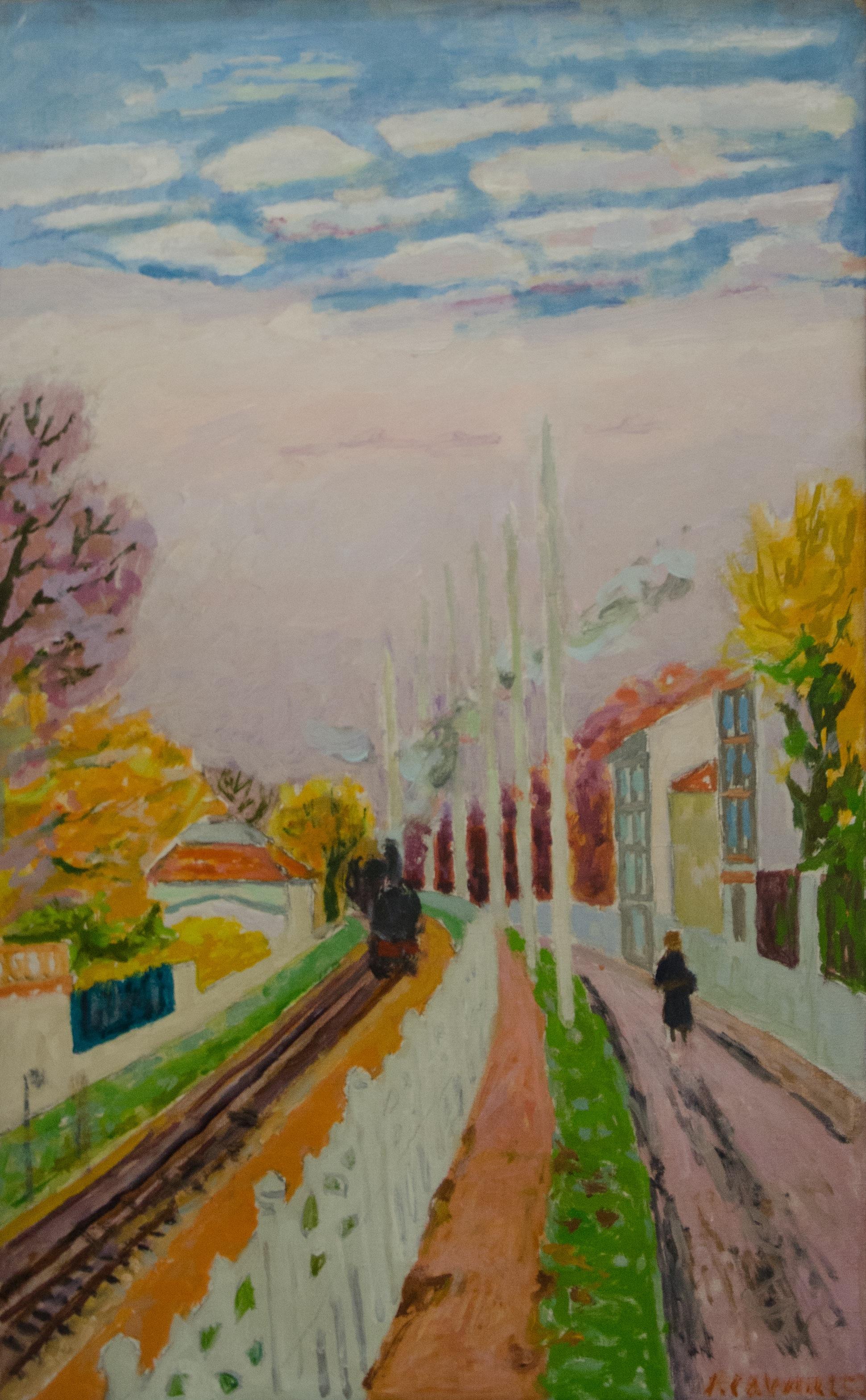 Le Train de Banlieue - Brown Landscape Painting by Jules Cavailles