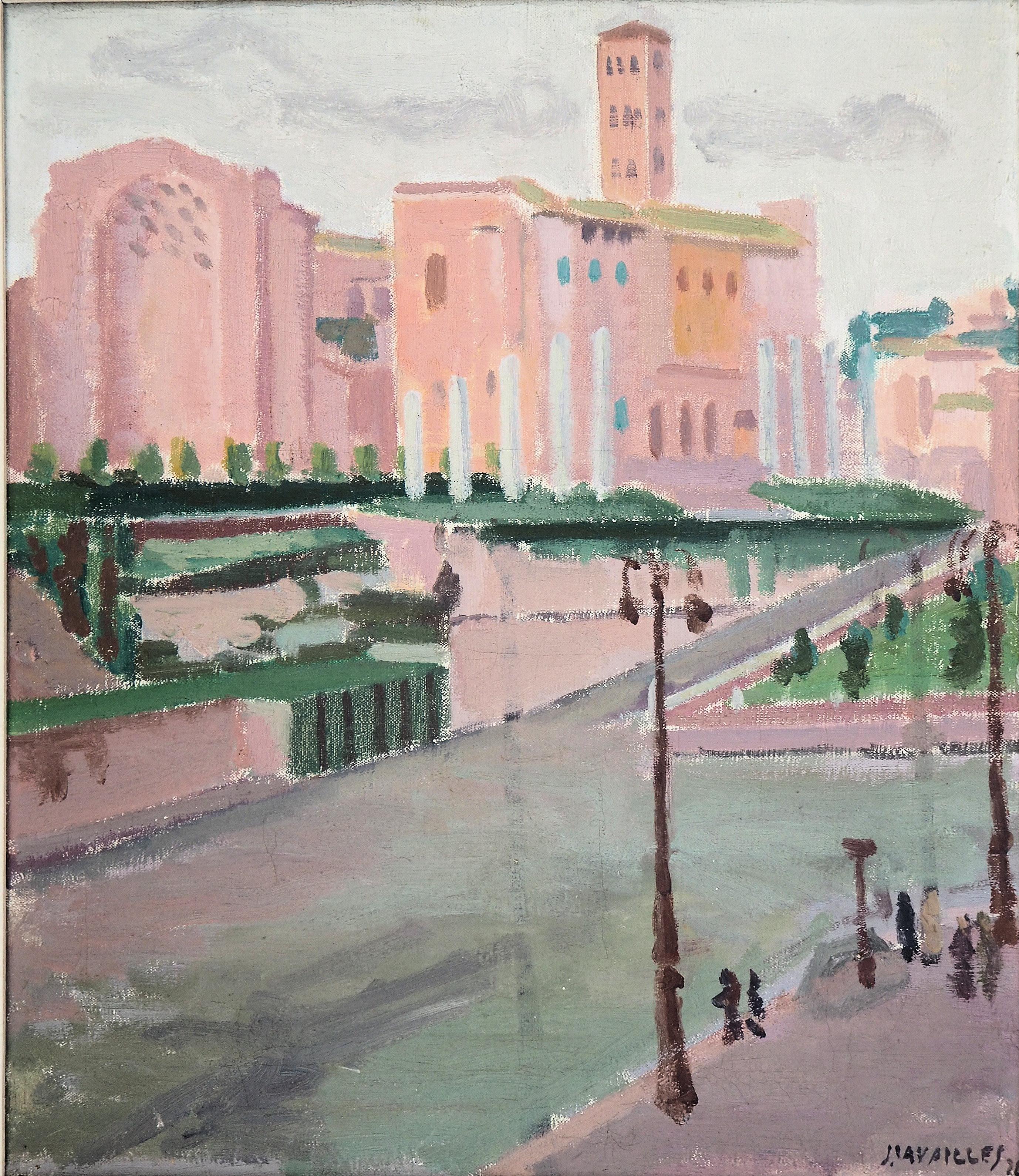 Rome, The Forum Seen From the Colosseum - Original Oil on canvas, Signed - Painting by Jules Cavailles