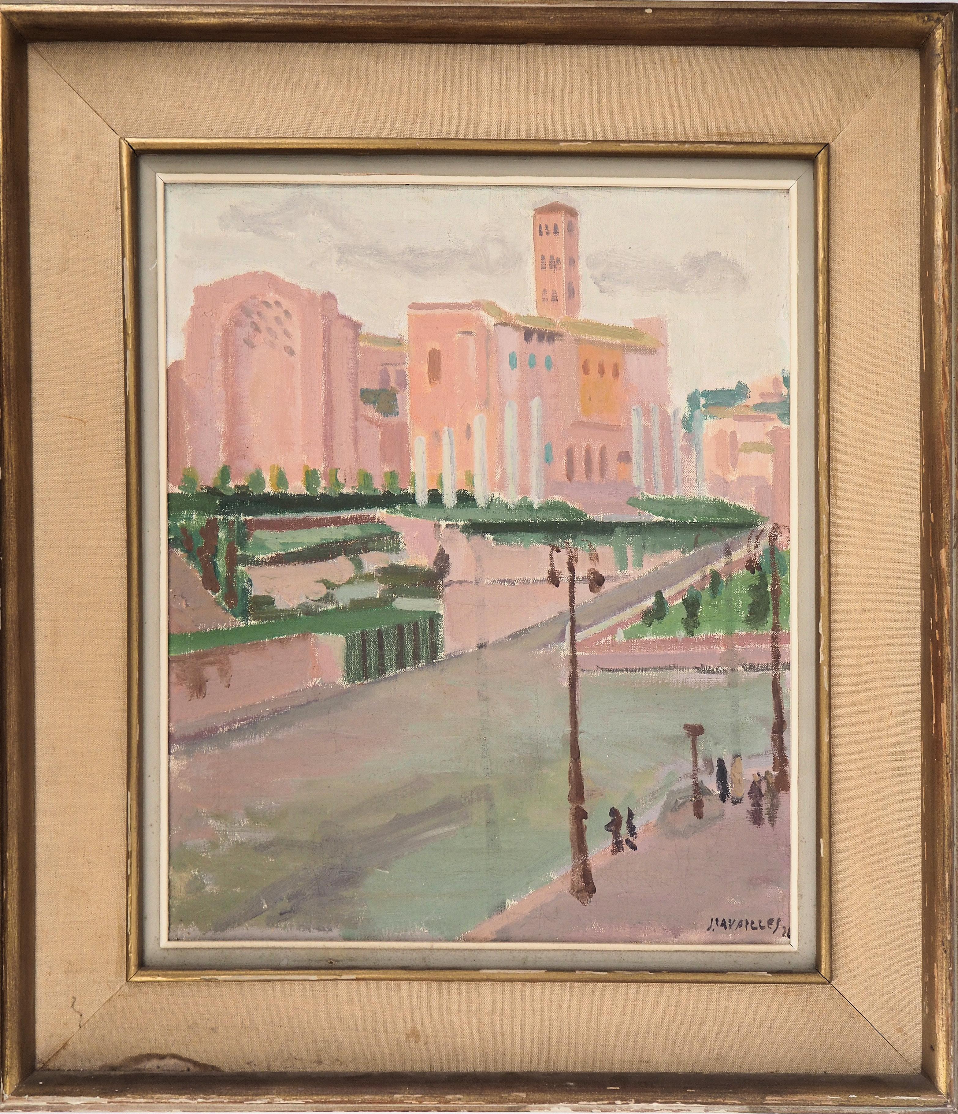 Jules Cavailles Landscape Painting - Rome, The Forum Seen From the Colosseum - Original Oil on canvas, Signed