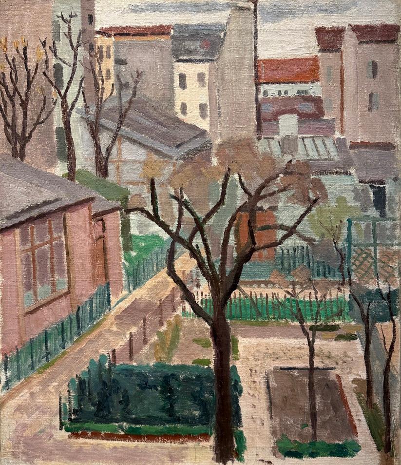 VISTA DA UNA FINESTRA PARIGINA, Olio su tela, 1937, incorniciato, 27 x 23 pollici, Firmato - Painting di Jules Cavailles