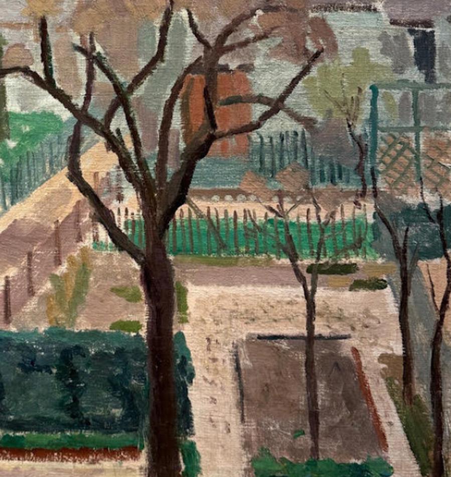 VISTA DA UNA FINESTRA PARIGINA, Olio su tela, 1937, incorniciato, 27 x 23 pollici, Firmato - Landscape Painting Marrone di Jules Cavailles