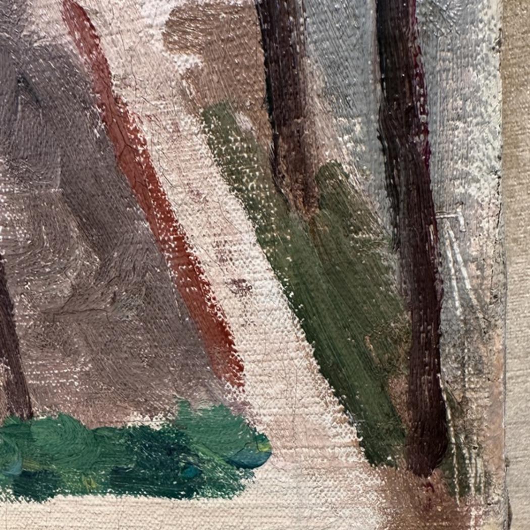 VIEW FROM A PARISIAN WINDOW, Oil on canvas, 1937, framed, 27 x 23 ins, Signed - Brown Landscape Painting by Jules Cavailles