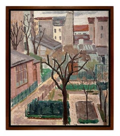 Vue d'une fenêtre parisienne, huile sur toile, 1937, encadrée, 27 x 23 pouces, signée