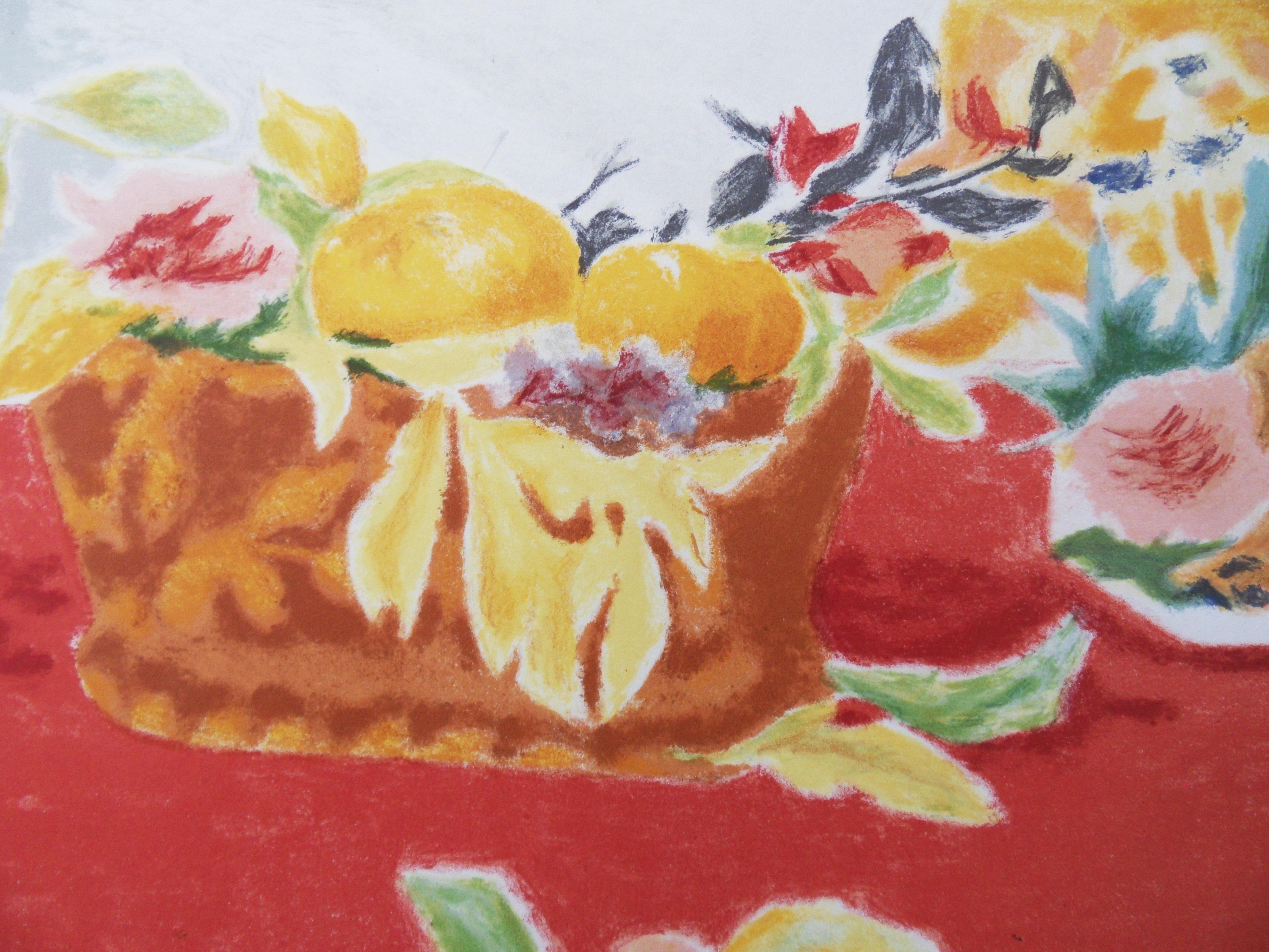 Fruits and Flowers auf rotem Hintergrund – Originallithographie, handsigniert – Print von Jules Cavailles