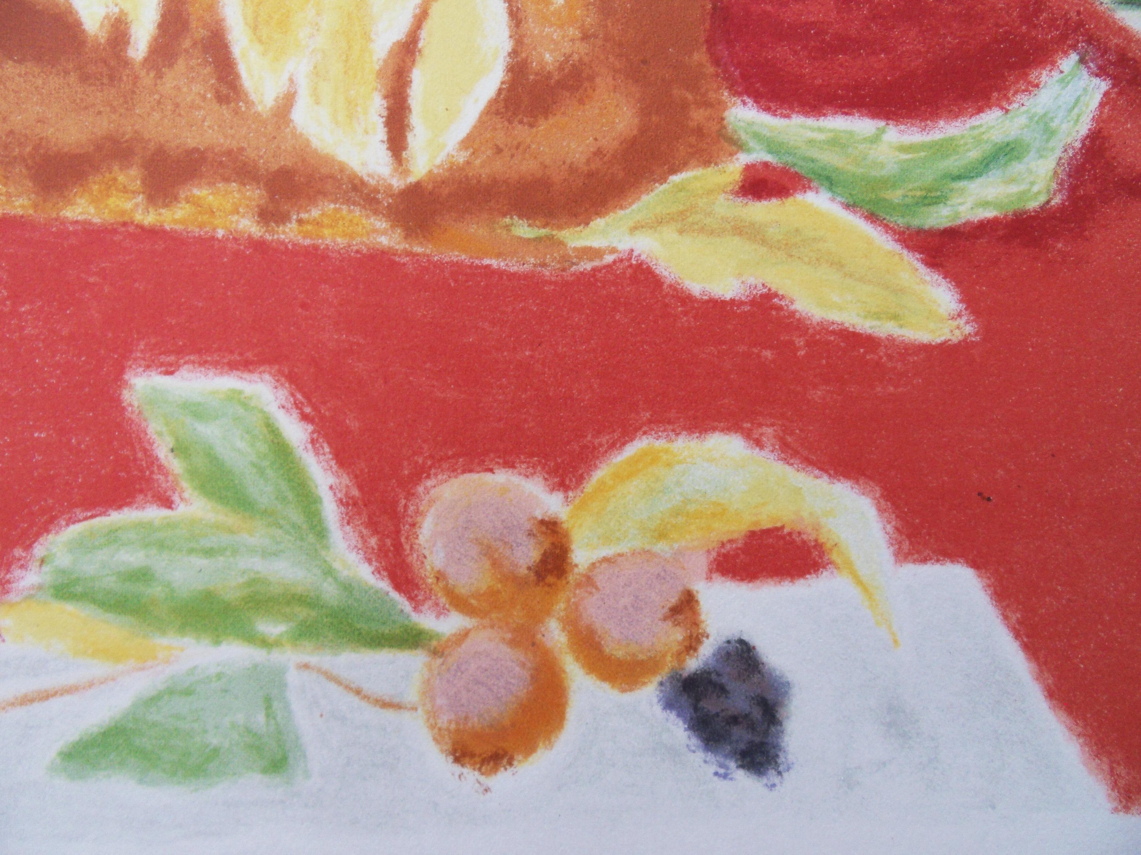 Fruits and Flowers on Red Background - Original lithograph, Handsigned - Post-Impressionist Print by Jules Cavailles