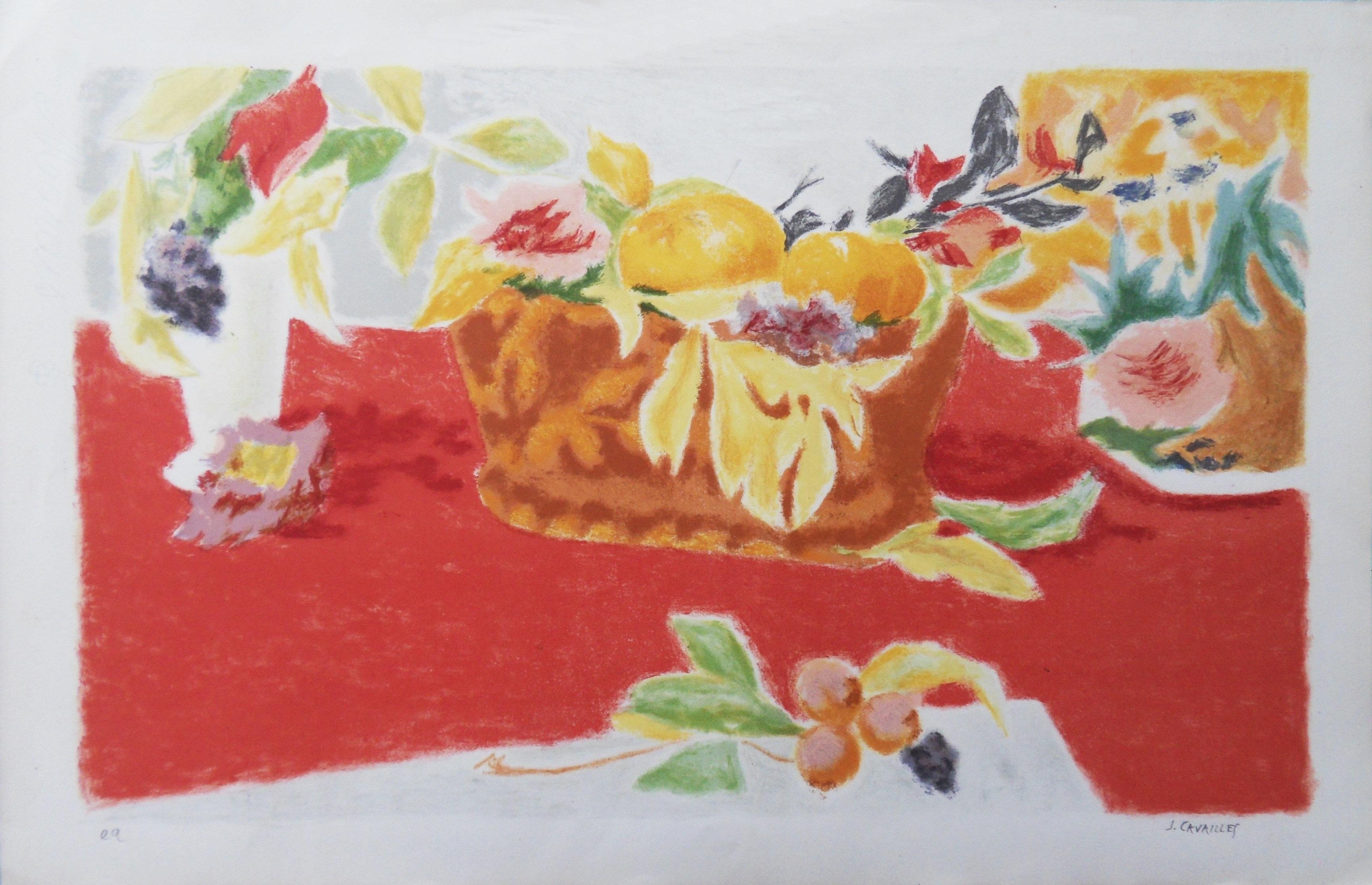 Still-Life Print Jules Cavailles - Fruits et fleurs sur fond rouge - Lithographie originale, signée à la main