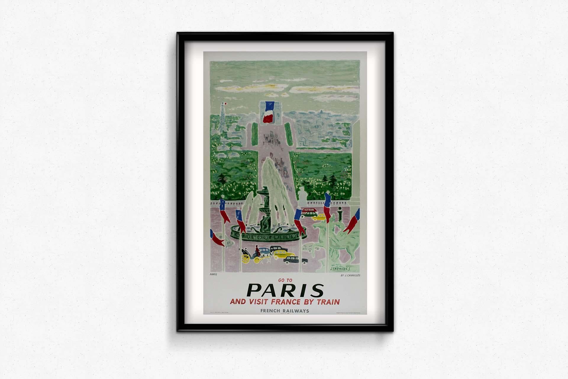 Jules Cavaillès' 1957 SNCF poster is a visual masterpiece that beckons travelers to embark on a colorful and artistic journey to Paris and explore the beauty of France by train. This iconic poster celebrates the charm of train travel, offering