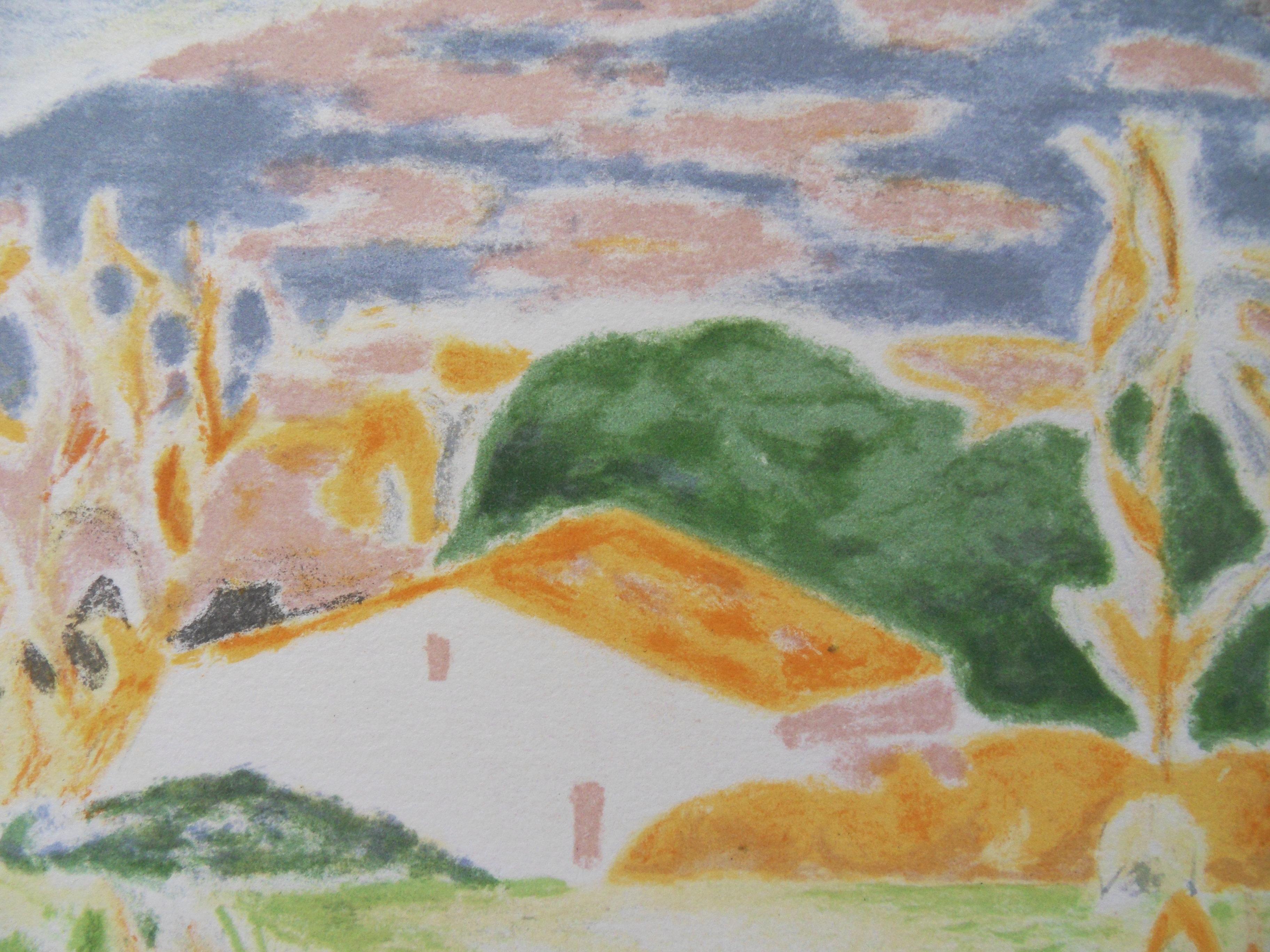 Landscape in Provence : The Old House - Original lithograph, Handsigned - Post-Impressionist Print by Jules Cavailles