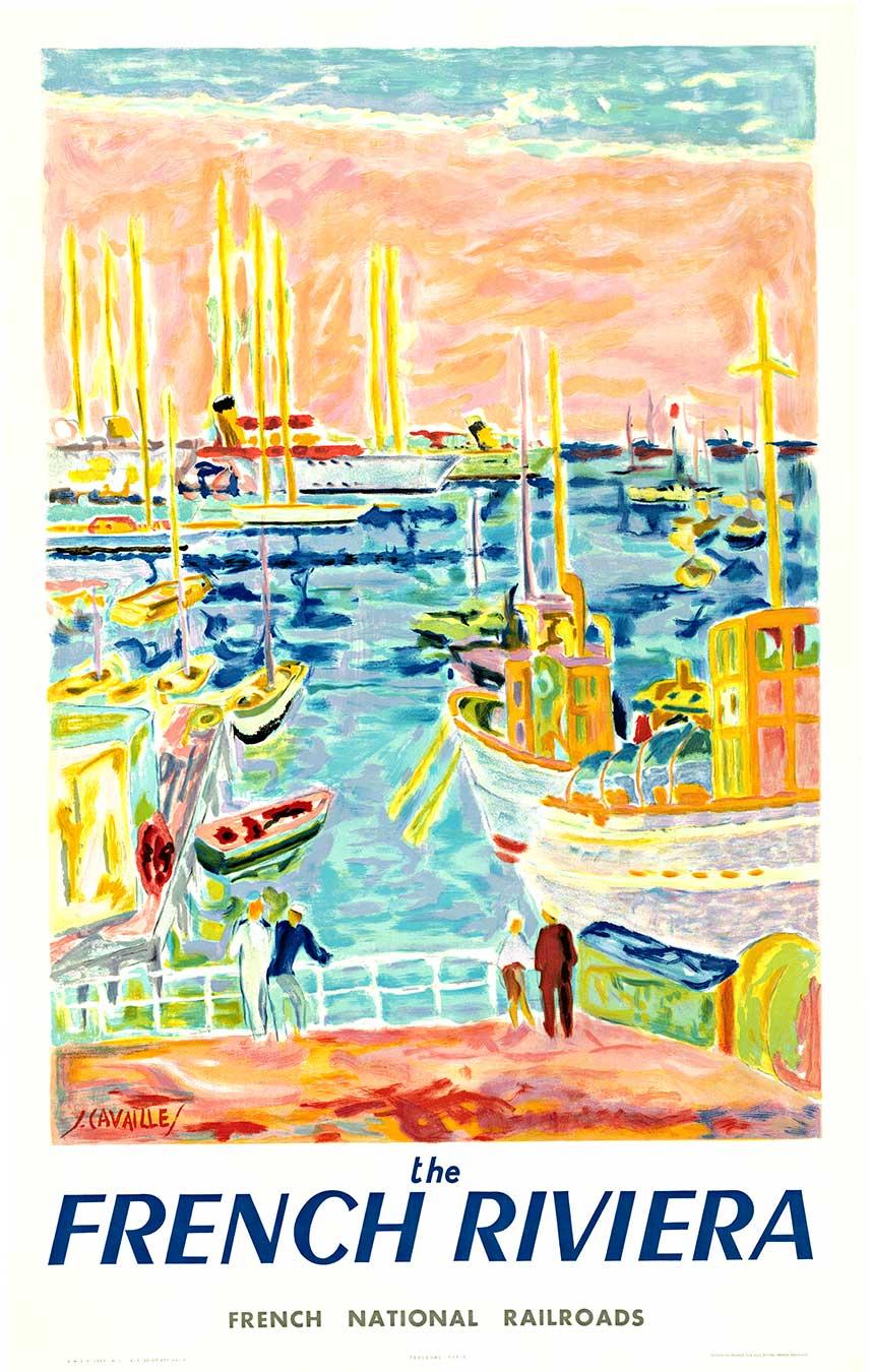 Original-Reise-Werbeplakat für die FRANZÖSISCHE RIVIERA FRANZÖSISCHE NATIONALE EISENBAHN SNCF (Französische Staatsbahn) - die französische Riviera.   (Côte d'Azur, bekannt als die französische Riviera)  Das Bild zeigt Menschen, die auf einen