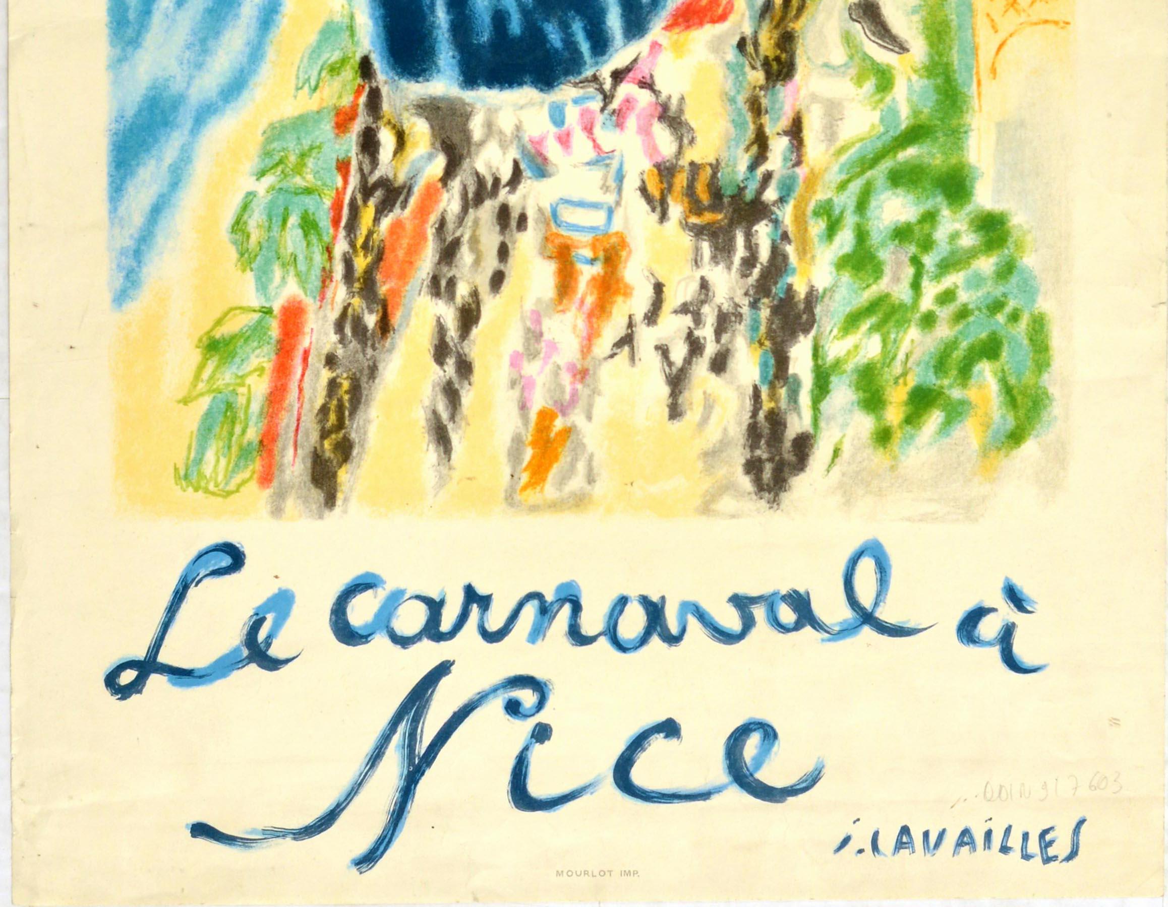 Original vintage travel poster for the Carnival of Nice / Le Carnaval a Nice from 28 January to 9 February 1967 featuring colourful artwork by the French painter Jules Cavailles (1901-1977) of a lady wearing traditional clothing with an apron and
