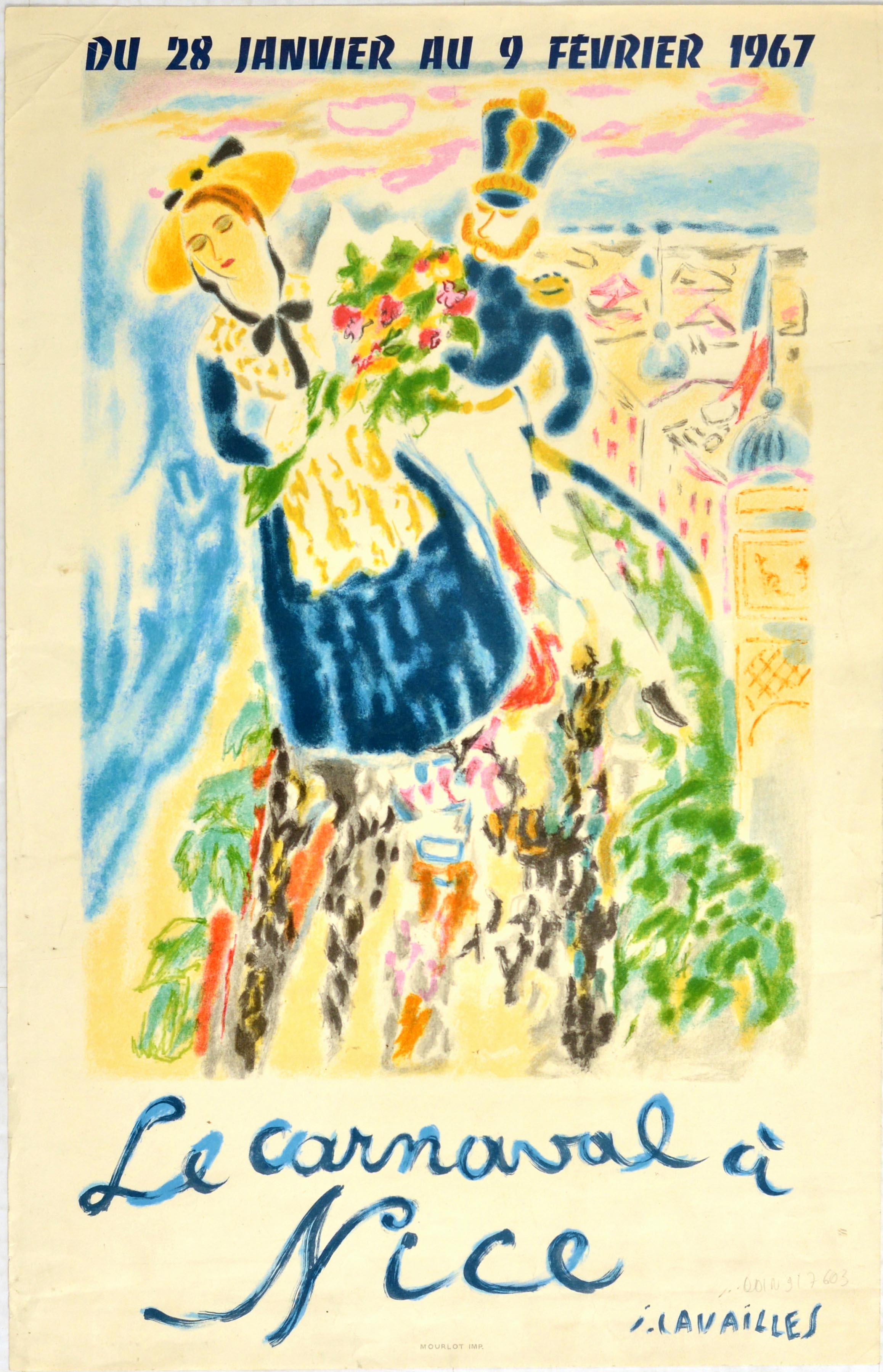 Affiche de voyage originale pour le Carnaval de Nice / Le Carnaval a Nice du 28 janvier au 9 février 1967. L'affiche présente un dessin coloré du peintre français Jules Cavailles (1901-1977) représentant une dame portant des vêtements traditionnels