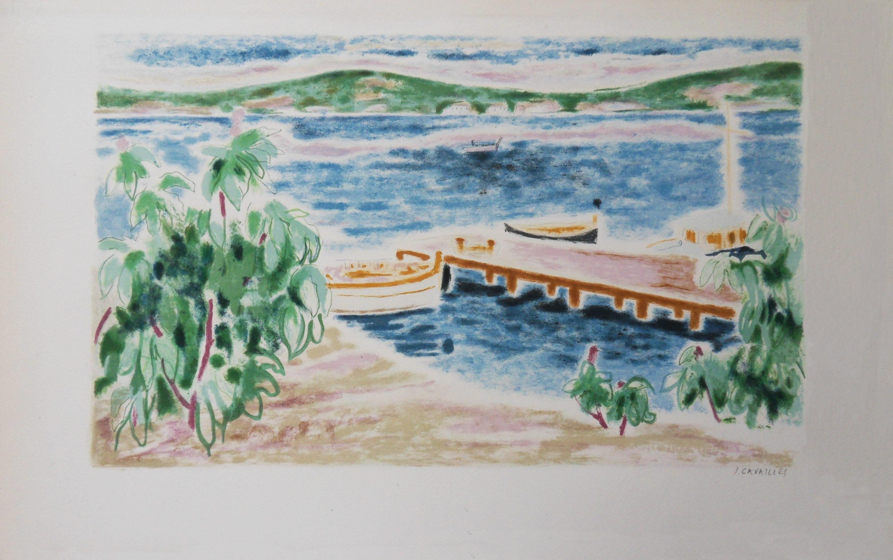 Landscape Print Jules Cavailles - Suisse : Vue sur le lac - Lithographie originale, signée à la main