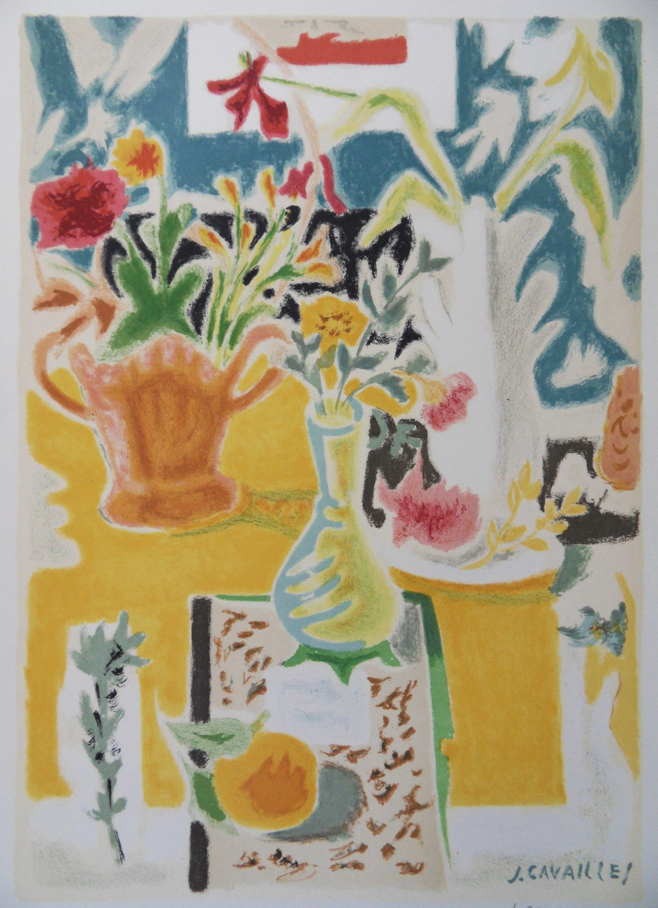 Table with Flowers - Original lithograph, Handsigned - Print by Jules Cavailles
