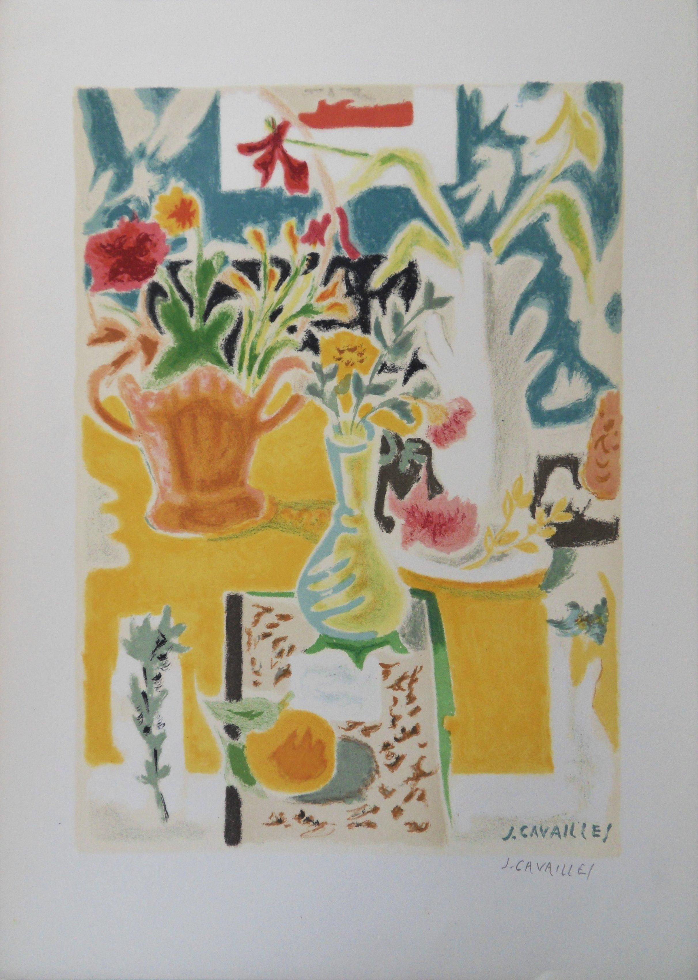 Jules Cavailles Interior Print - Table with Flowers - Original lithograph, Handsigned