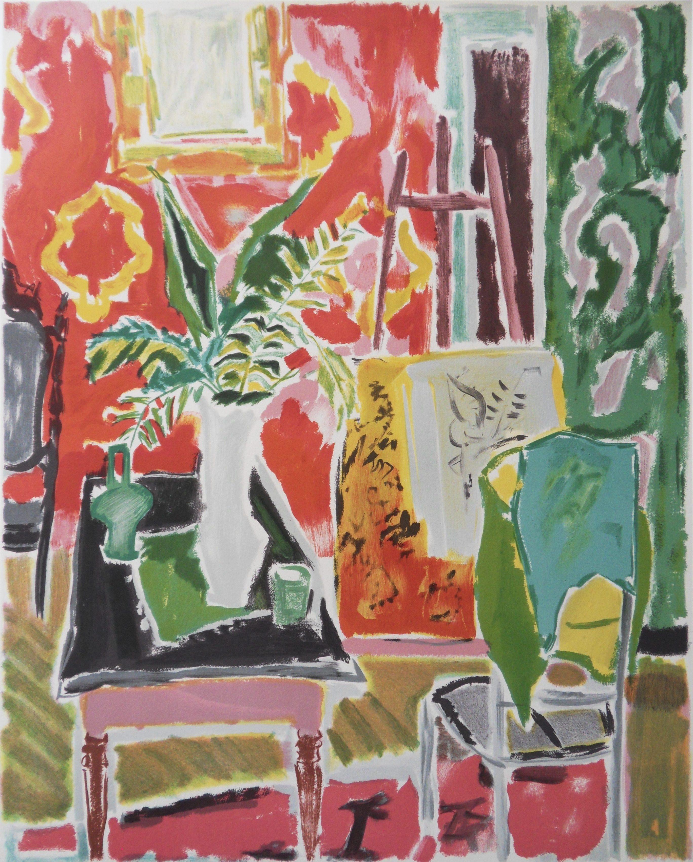 Jules Cavailles Interior Print – View on the Artist Workshop – Steinlithographie – Mourlot 1982