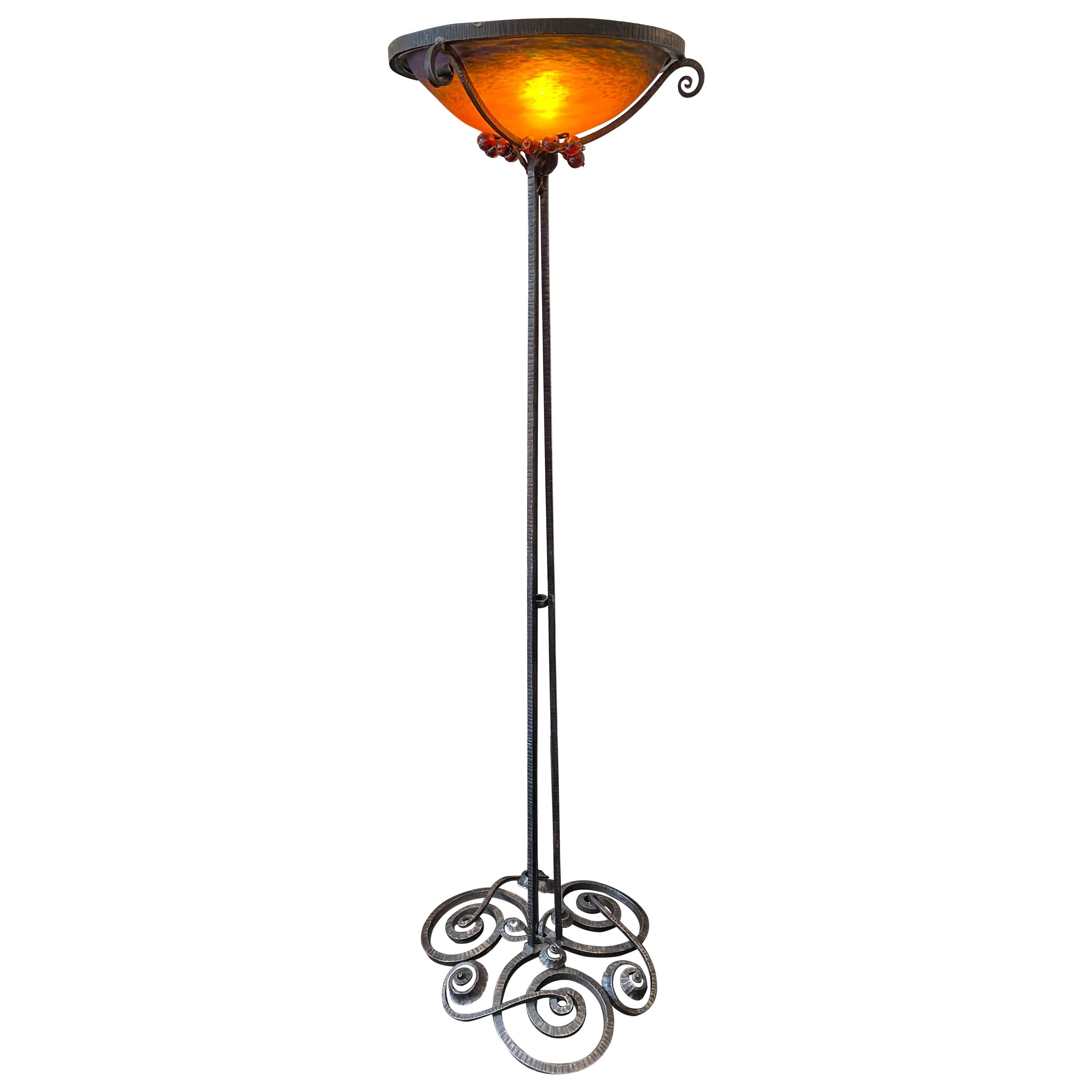 Jules Cayette & Charles Schneider Art Nouveau Wrought Iron Floor Lamp For Sale