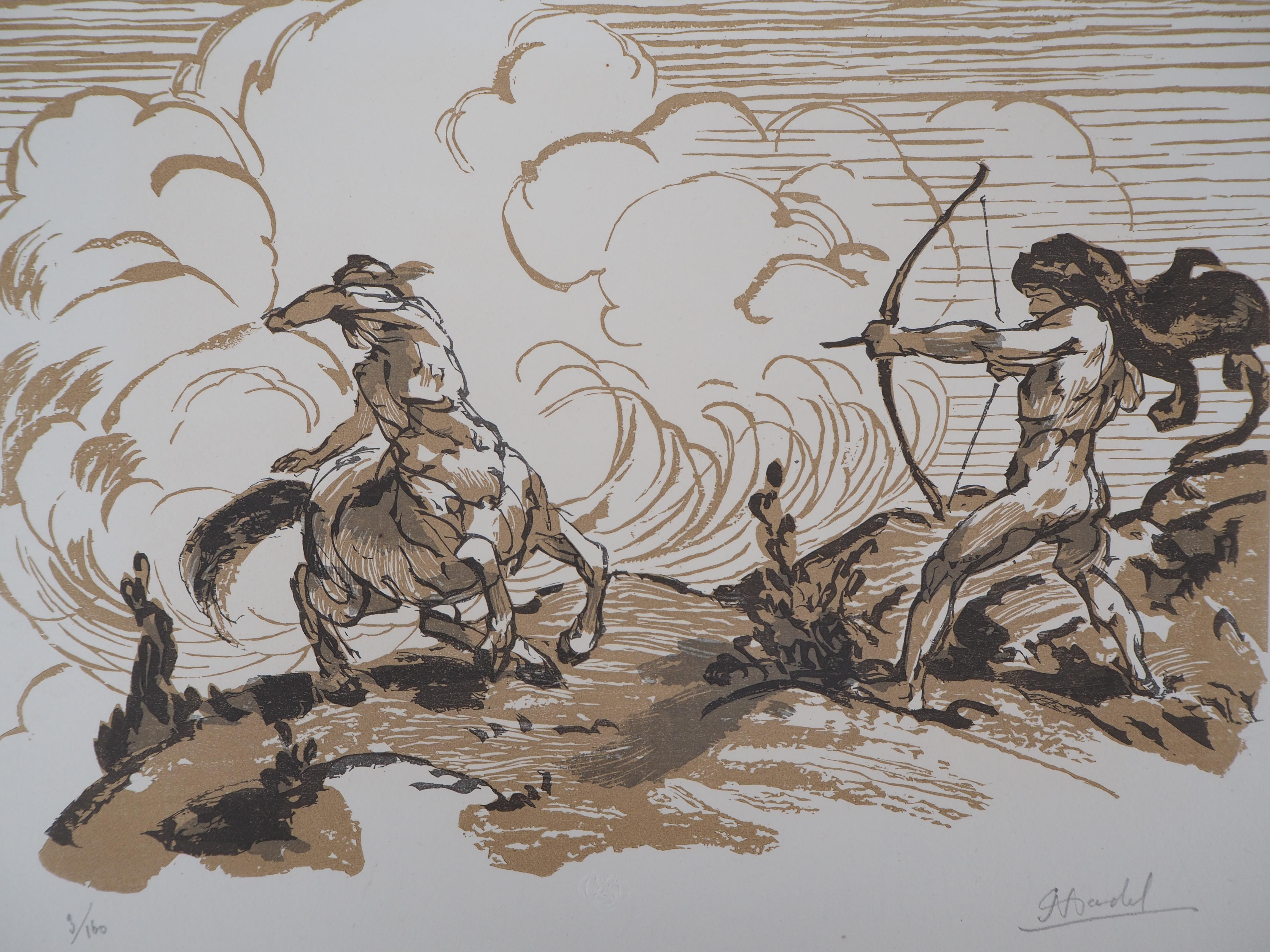 Mythology : Fight with a Centaur - Original wooodcut, Handsigned & Numbered - Print by Jules Chadel