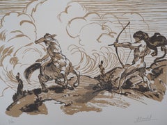 Mythologie : Kampf mit einem Zentauren - Original Holzschnitt, handsigniert & nummeriert