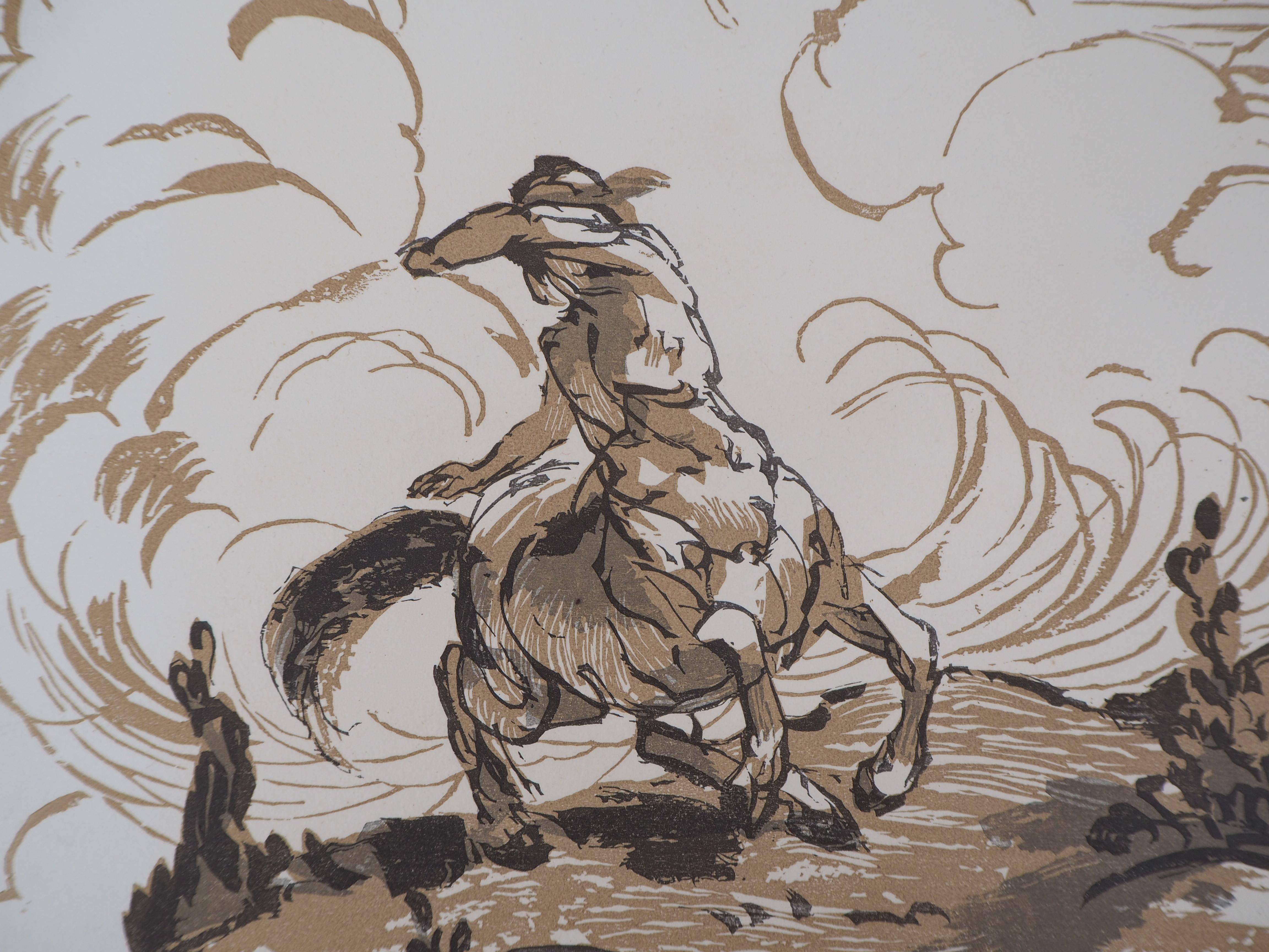 Mythology : Fight with a Centaur - Original wooodcut, Handsigned & Numbered - Modern Print by Jules Chadel
