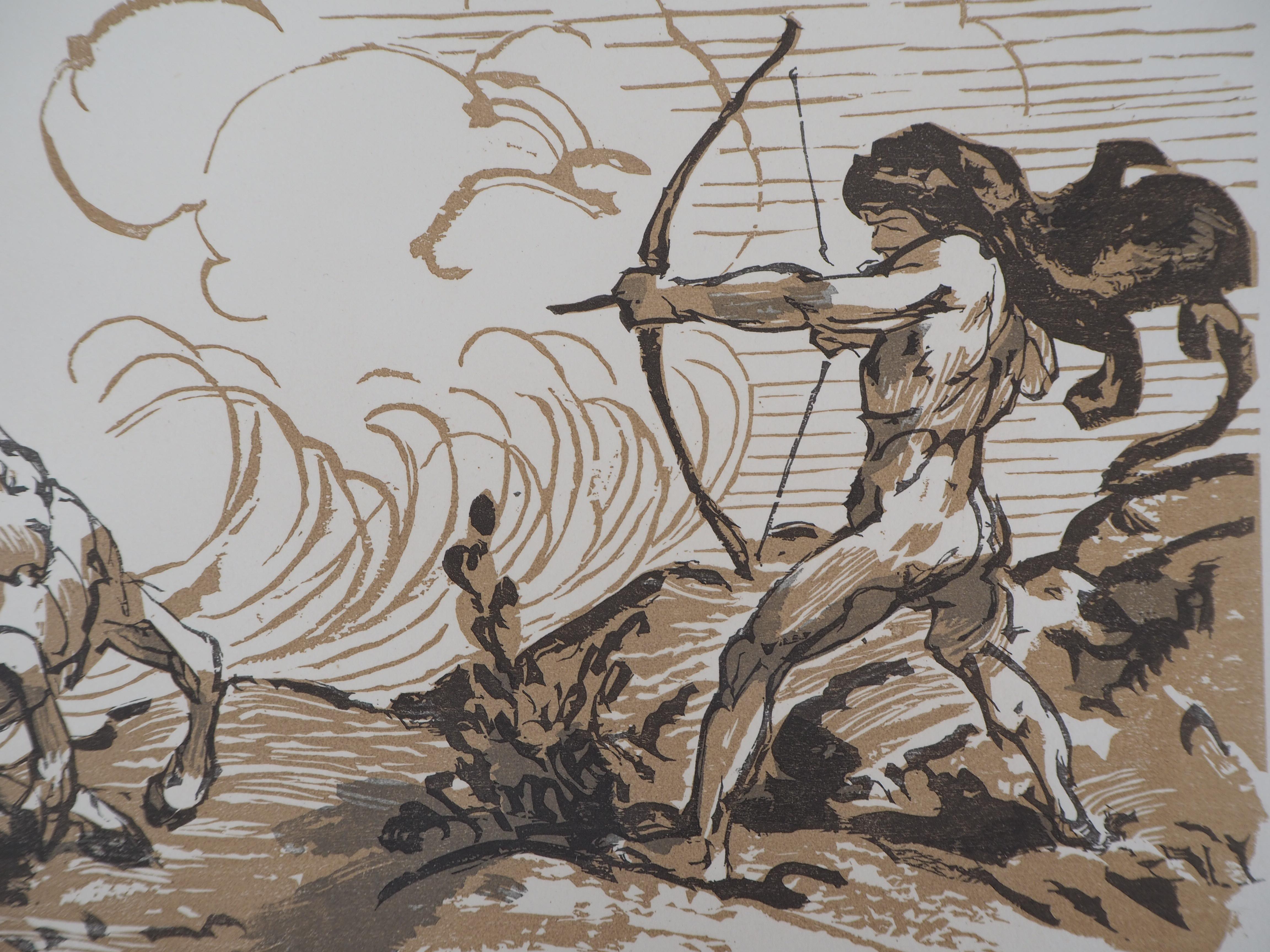 Mythology : Fight with a Centaur - Original wooodcut, Handsigned & Numbered - Gray Figurative Print by Jules Chadel