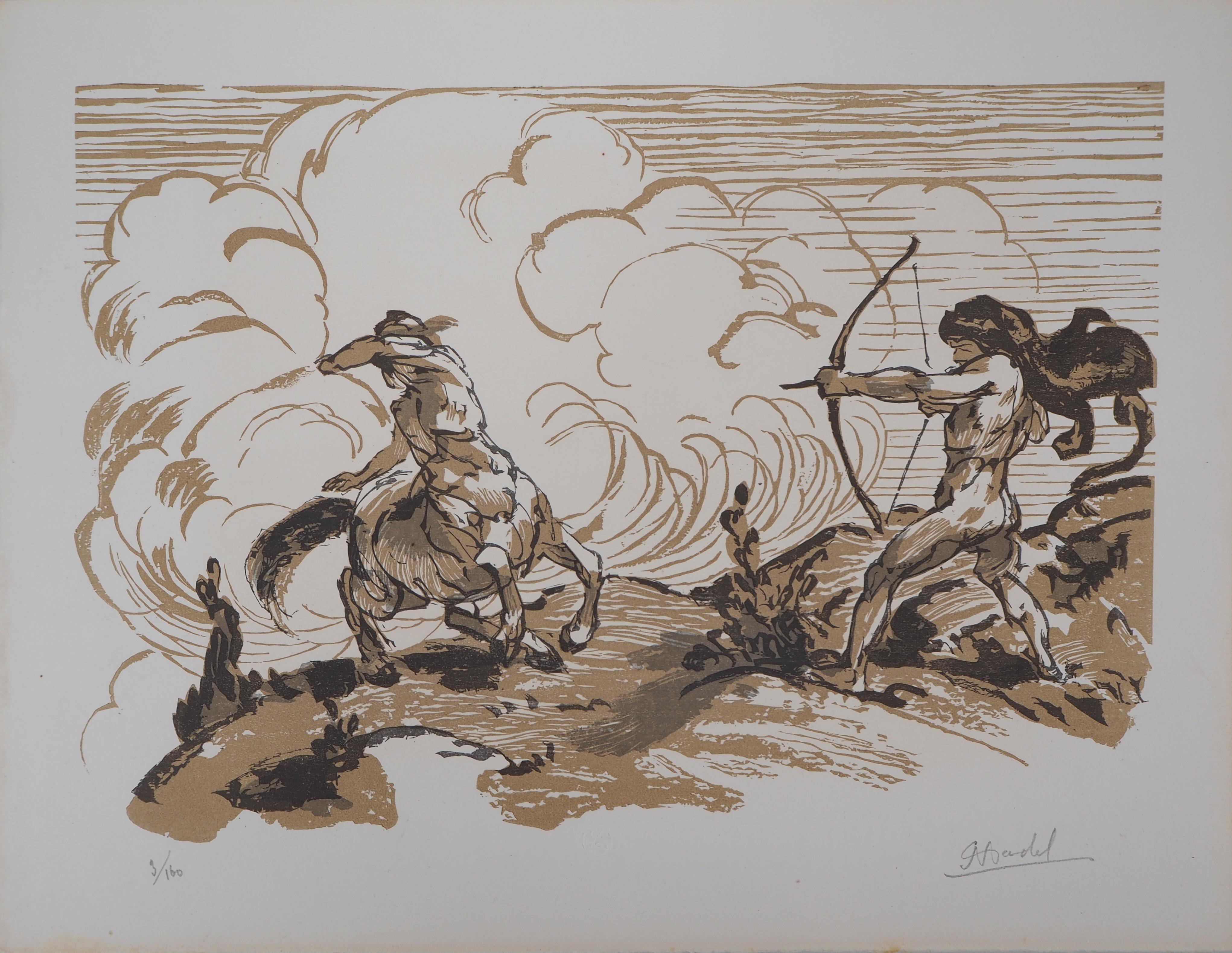Jules Chadel Figurative Print - Mythology : Fight with a Centaur - Original wooodcut, Handsigned & Numbered