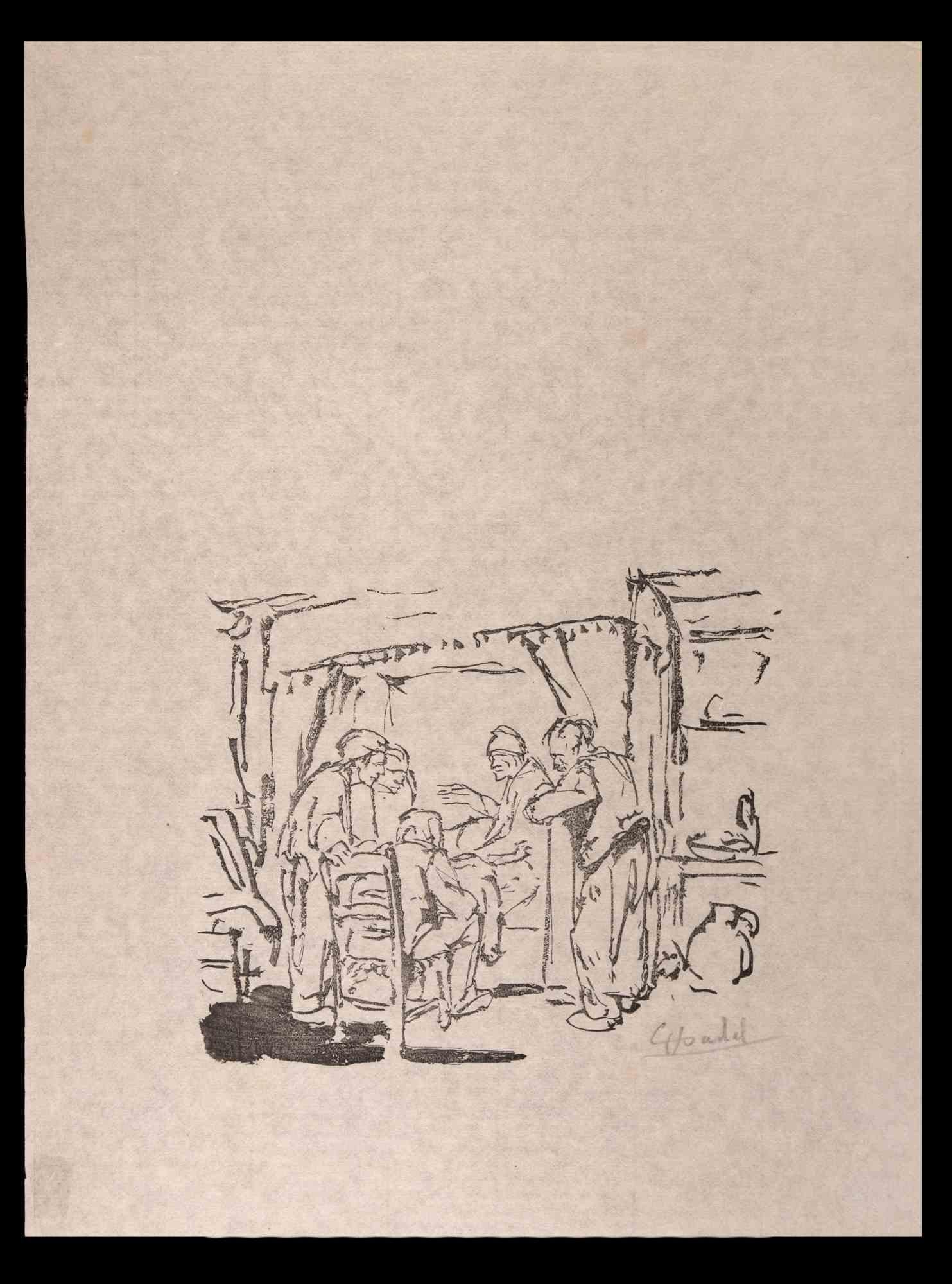 Visit ist ein Originalkunstwerk von Jules Chadel (1870-1941). Holzschnitt. Rechts unten handsigniert. Ist nicht datiert, aber wir können den Zeitraum Ende des 19. Passpartout cm 44,5x32,5

Die Künstlerin zeigt das Innere eines Raumes mit Männern,
