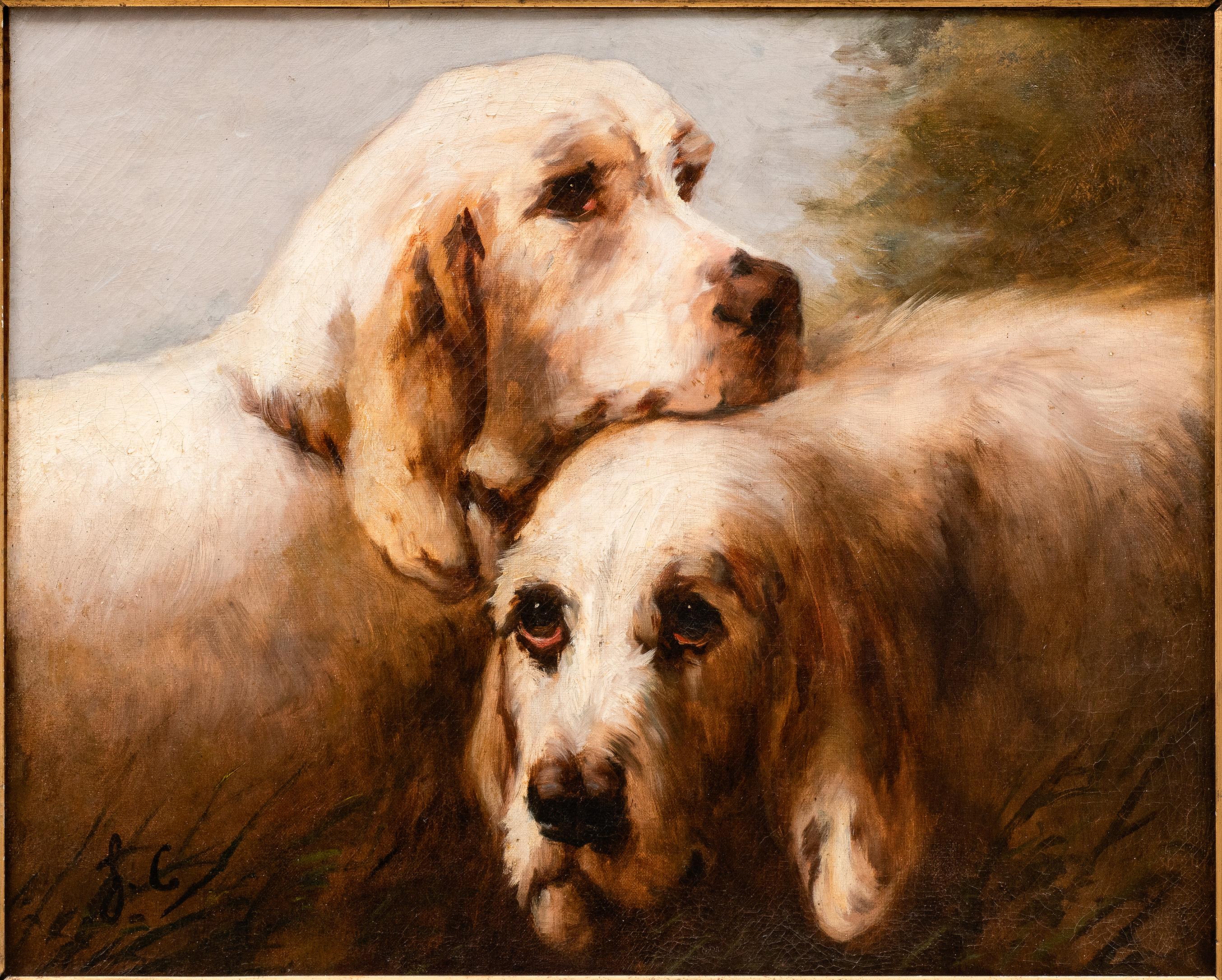 Peinture ancienne sur chien : Paire de chiens de chasse Grand Griffon Vendéen, vers 1870