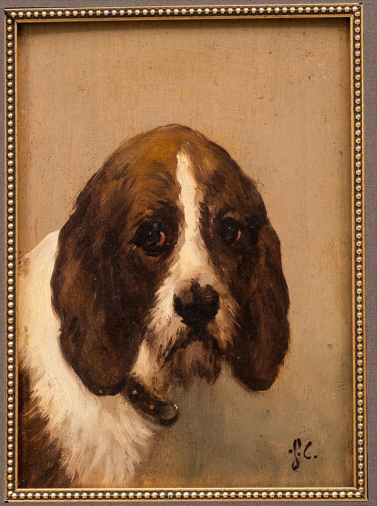 Antikes Gemälde eines Jagdhundes
Jules Chardigny (1849-1892)
CIRCA 1870
Öl auf Papier.
8 x 6 (18 1/2 x 15 1/4 Rahmen) Zoll

Der Hund, möglicherweise ein Grand Griffon Vendéen, ist mit einem eher fröhlichen Gesichtsausdruck abgebildet. Ähnlich