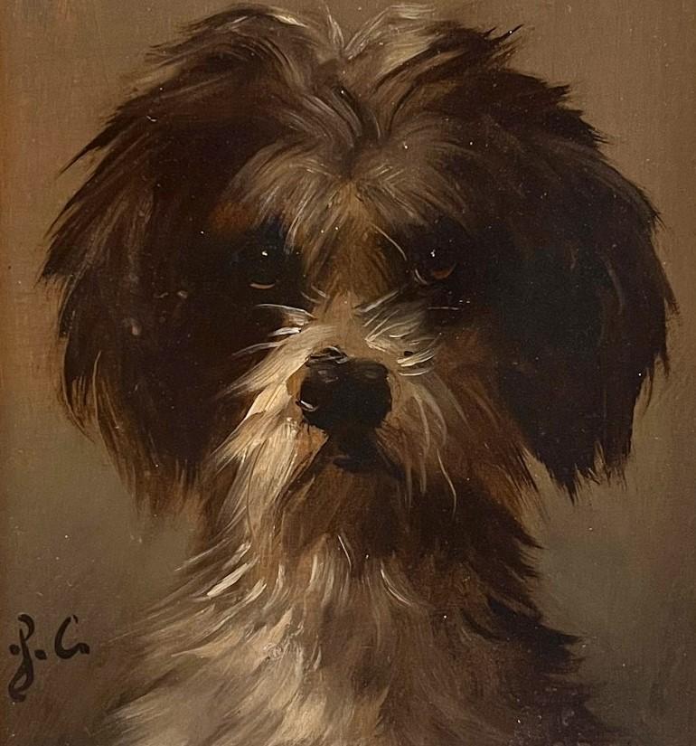 Antique Dog Painting of a Terrier
Jules Chardigny (1849-1892)
Circa 1870
Oil on wood panel
8 1/8 x 5 5/8 (13 1/4 x 10 3/4 frame) inches

This is one of several examples of dogs being painted in this precise style as face-on with a mirthful