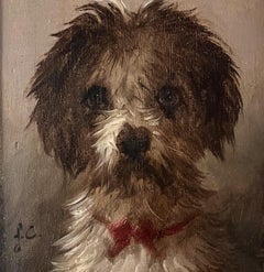 "Dog Painting of a Terrier with a Bow" by Jules Chardigny (1849-1892) Circa 1870