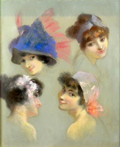 Peinture originale au pastel de quatre femmes par Jules Cheret 1910