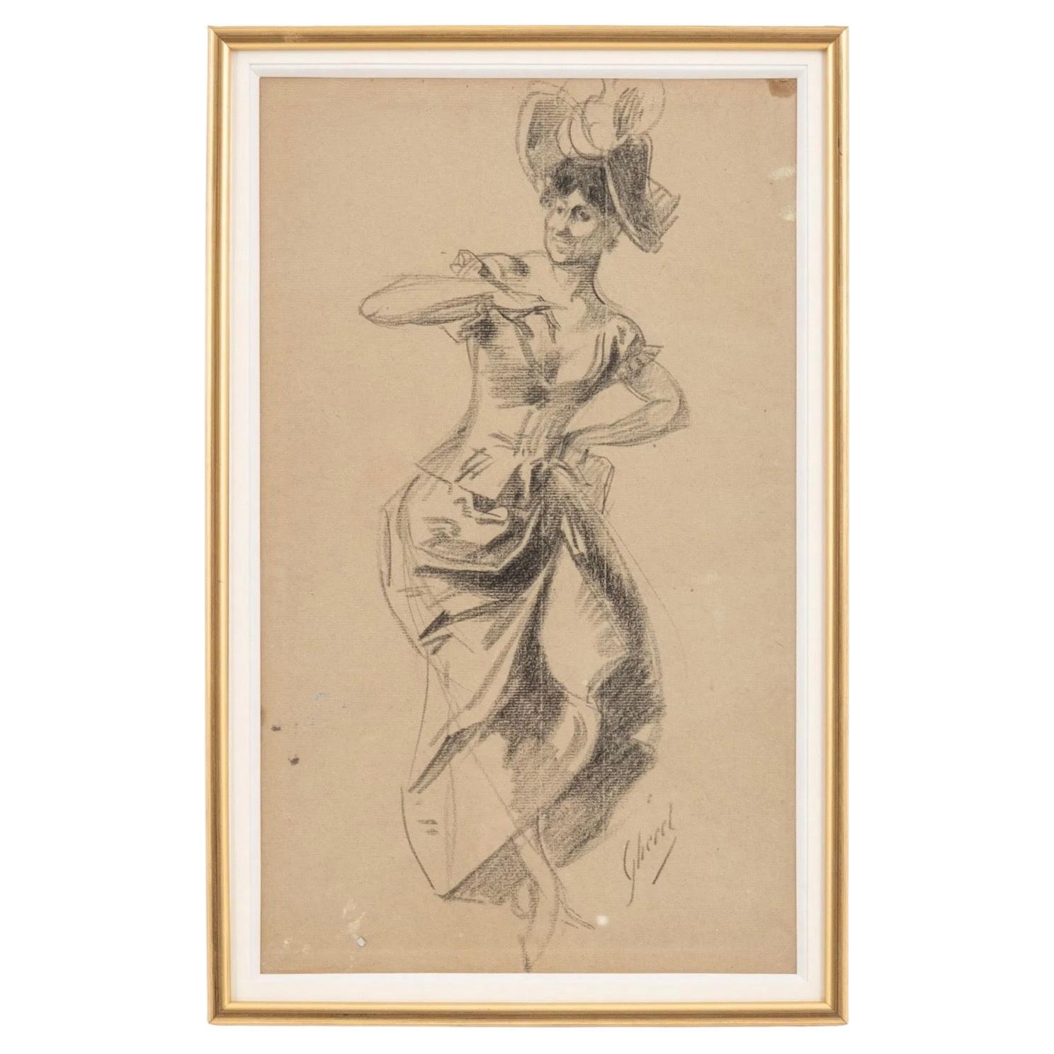 Jules Cheret Original Charcoal and Graphite Drawing
