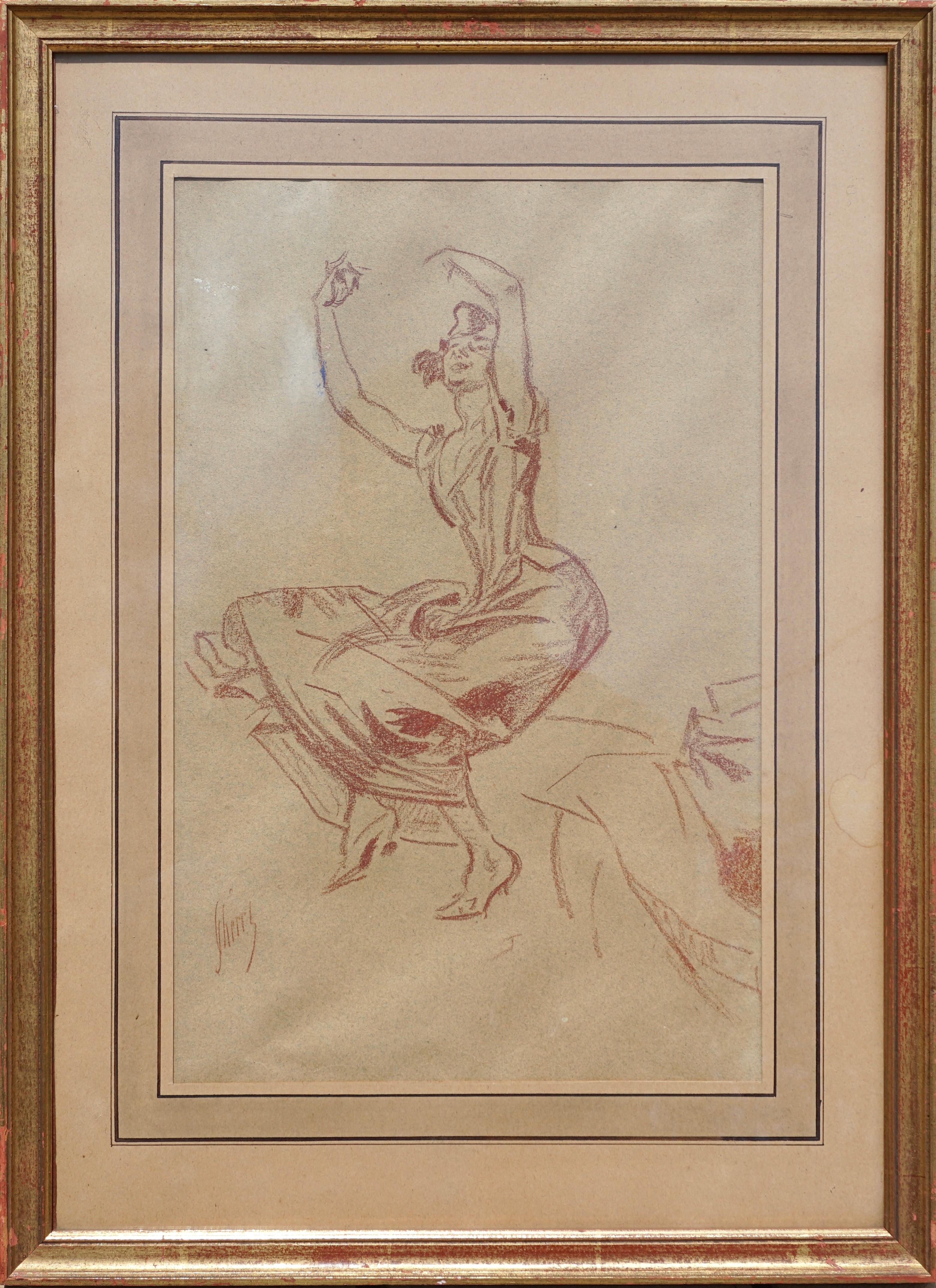Jules Cheret (French, 1836 - 1932) Large original crayon drawing of a beautiful woman dancing maybe with castanets. Possibly a sketch for his famous poster (Jardin de Paris - Fête de nuit bal, 1890) 

Signed LL “J Cheret”

Sheet size: 16 X 11