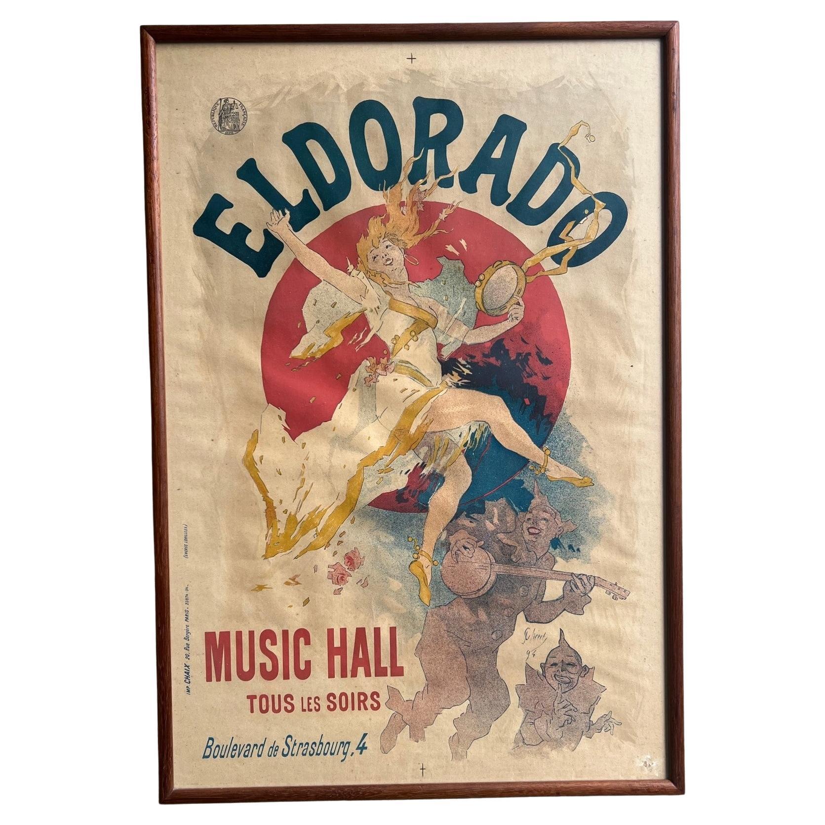 Art Nouveau style original Jules Cheret ( French 1836-1932) Eldorado Music Hall poster, circa 1894. The color is good and the poster is backed in linen and framed in a simple wood frame.

Measurement without the frame: 23 .25