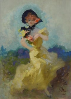 "La Belle Epoque", peinture originale de Jules Chèret à l'huile sur carton, 13x9 in, Figure