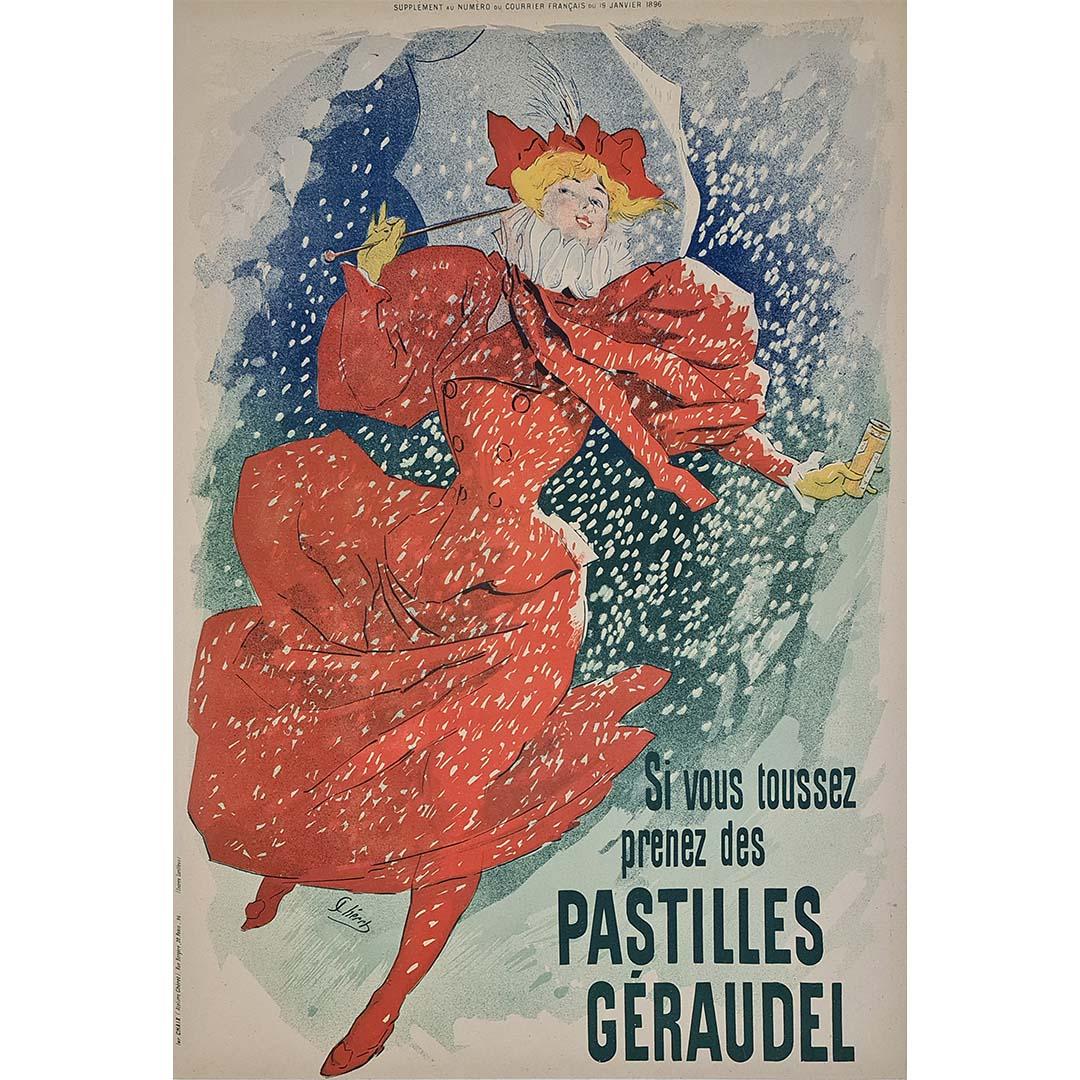 Questo manifesto pubblicitario originale del 1896, realizzato da Jules Chéret, promuove le Pastilles Géraudel, un famoso rimedio francese contro la tosse e l’irritazione alla gola. Pubblicato come supplemento a *Le Courrier français*, trasforma il