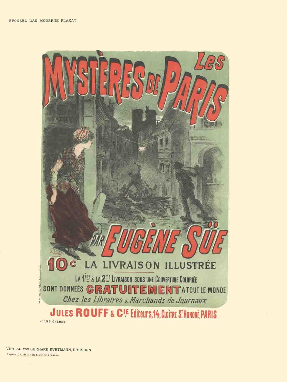 1897 Jules Cheret 'Les Mysteres de Paris par Eugene Sue' Multicolor, Green, Red  - Print by Jules Chéret