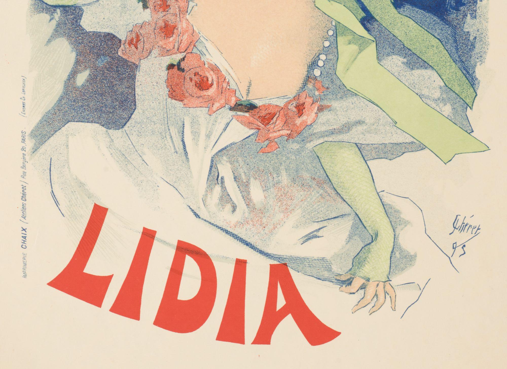 Alcazar d'Eté, Lidia (Plate 25) is an 1886 lithograph of Jules Chéret's poster, printed at Imprimerie Chaix by Jules Chéret and included in the famed collection of Belle Époque posters 'Les Maîtres de l'Affiche.' From the deluxe edition of 100