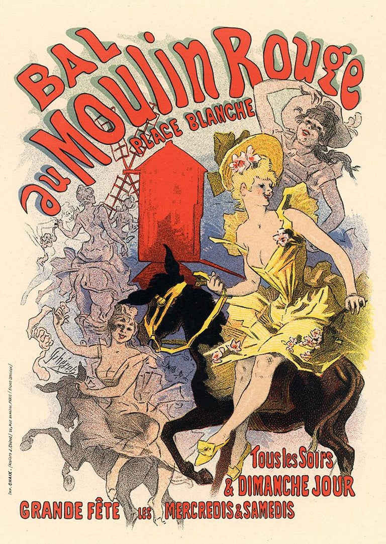 One of the most notable and definitive posters of the Belle Epoque, Jules Chéret’s Bal du Moulin Rouge shows a bold, spirited scene featuring the iconic red windmill of the Moulin Rouge cabaret in Paris.

This antique lithograph was published in