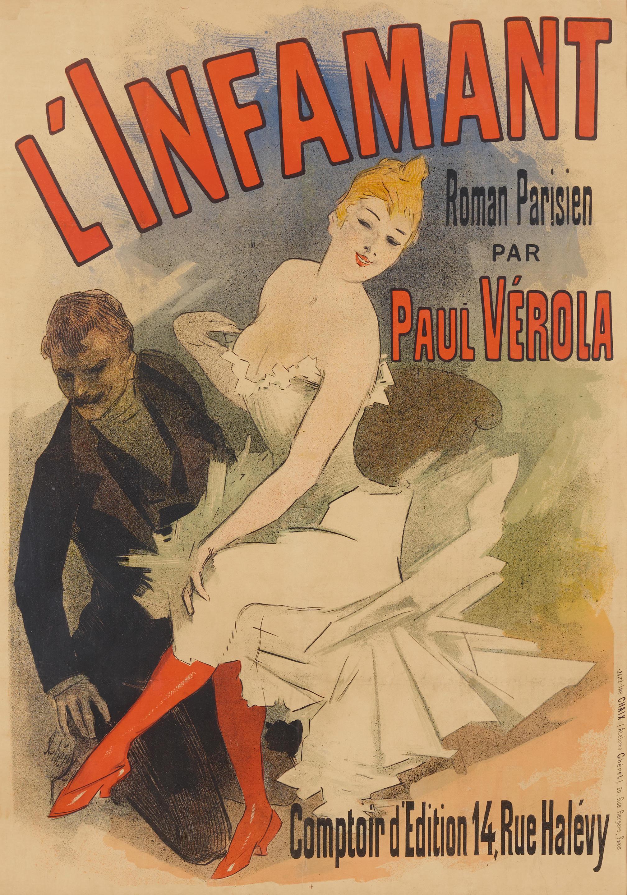 Cette affiche intitulée L'infâme a été réalisée en 1920 dans le cadre de la production graphique de Jules Chéret au début du XXe siècle. L'œuvre s'inscrit dans la tradition des affiches illustrées créées pour l'affichage public et la diffusion
