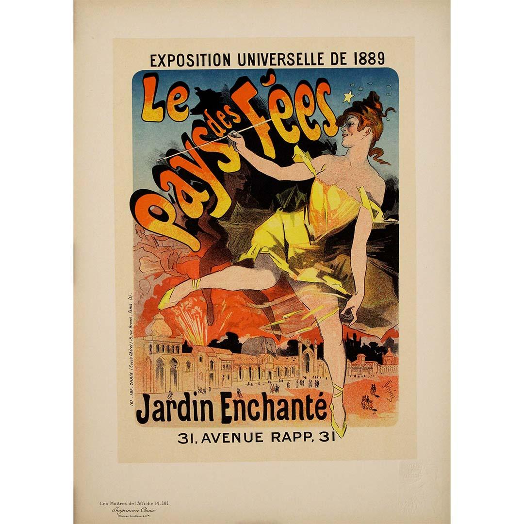 Questo manifesto litografico originale, disegnato nel 1898 dal leggendario artista francese Jules Chéret, promuove Le Pays des Fées - Jardin Enchanté, un'attrazione spettacolare presentata durante l'Exposition Universelle del 1889 a Parigi. Facente