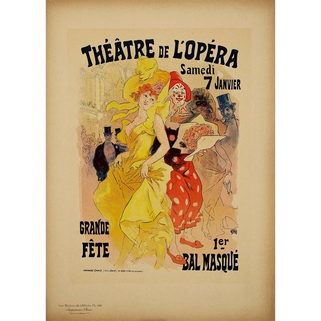 Questo splendido manifesto litografico del 1896 di Jules Chéret, noto come il "Padre del manifesto moderno", fu creato per promuovere la Grande Fête: 1er Bal Masqué (Primo Ballo in Maschera) al celebre Théâtre de l'Opéra di Parigi. Presentata come